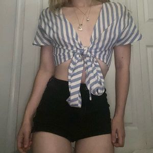 Blue and white stripped front tie top.